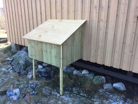 Hytte varmer i en praktisk trekasse utenfor hytte.